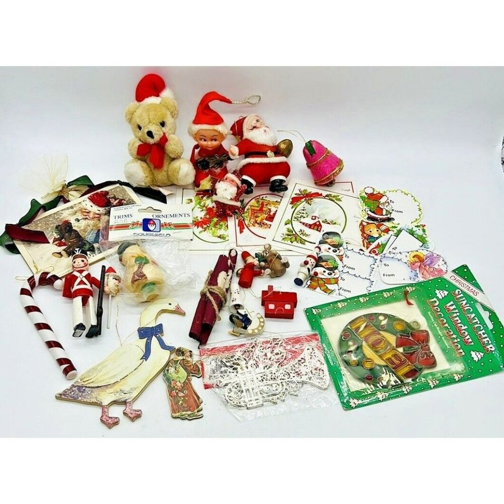 Vintage Christmas Crafters Lot Miniatures Flocked Postcard Ornament Santa‎ Elf 1